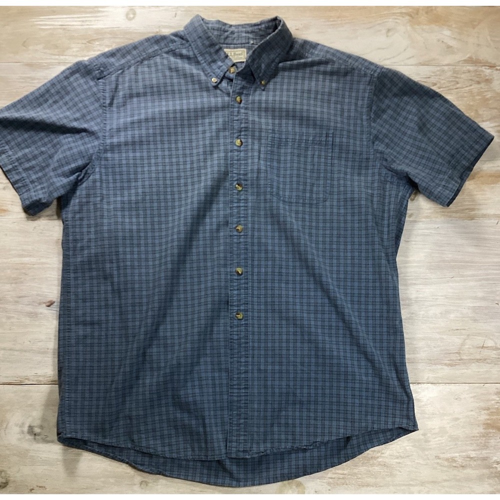 LL Bean Short Sleeve Blue Plaid Button Up Shirt Heavy‎ Men's XL Relaxed